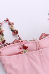 Appliques Neck Pink Lace-up Front Short Dress