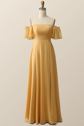 Off the Shoulder Yellow Chiffon Long Bridesmaid Dress