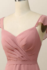 Blush Pink Ruffled Flare Sleeve Chiffon Long Bridesmaid Dress