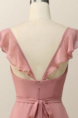 Blush Pink Ruffled Flare Sleeve Chiffon Long Bridesmaid Dress