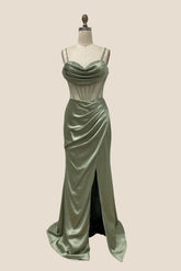 Beaded Neck Sage Green Long Dress with Slit
