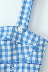 Blue and White Plaid Summer Dress with Pocket