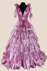 Bow Tie Pink Tiered A-line Long Dress with Slit