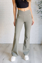 Hazel Blues® | Building Habits Twill Flared Crossover Waist Pant in Dusty Olive