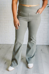 Hazel Blues® | Building Habits Twill Flared Crossover Waist Pant in Dusty Olive