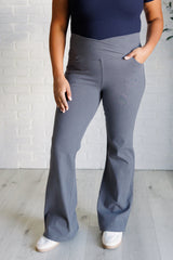 Hazel Blues® | Building Habits Twill Flared Crossover Waist Pant in Titanium