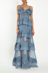 True Decadence Sophia Light Steel Blue Tiered Ruffle Maxi Dress