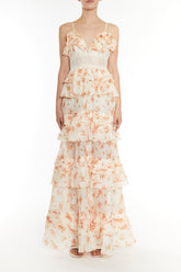true Decadence Sophia Cream Orange Floral Plunge Front Tiered Ruffle Maxi-Dress