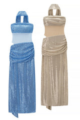Blue Sequin Strapless Ruched Long Dress with Scarf