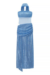 Blue Sequin Strapless Ruched Long Dress with Scarf