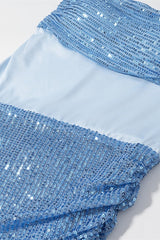 Blue Sequin Strapless Ruched Long Dress with Scarf