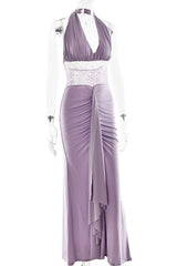 Black Halter Sheer Draped Long Dress