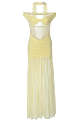 Off the Shoulder Yellow Sheer Mesh Long Dress