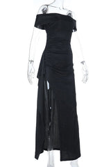 Black Folded Off the Shoulder Black Frill Dress