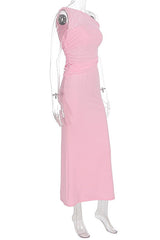 One Shoulder Pink Cutout Fitted Long Dress