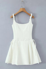 Black Square Lace Neck Bow Short Dress