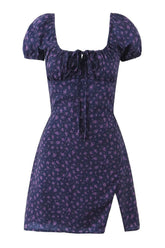 Blue Floral Cap Sleeve Bow Long Dress