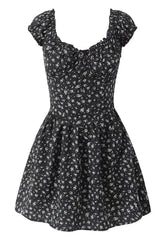 Black Floral Cap Sleeve Ruched Long Dress