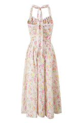 Blue Floral Halter Ruched Bow Long Dress