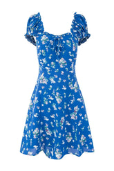 Blue Floral Puff Sleeves Bow Long Dress