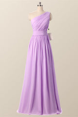 One Shoulder Blush Pink Pleated Long Bridesmaid Dress