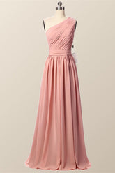 One Shoulder Blush Pink Pleated Long Bridesmaid Dress