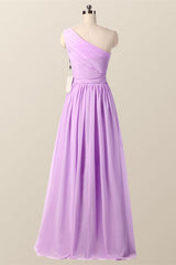 One Shoulder Blush Pink Pleated Long Bridesmaid Dress