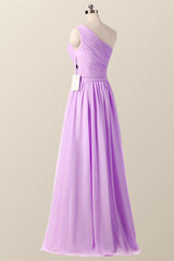 One Shoulder Blush Pink Pleated Long Bridesmaid Dress