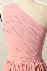 One Shoulder Blush Pink Pleated Long Bridesmaid Dress