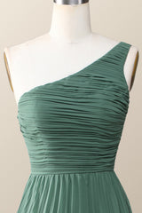 One Shoulder Eucalyptus Chiffon Long Bridesmaid Dress