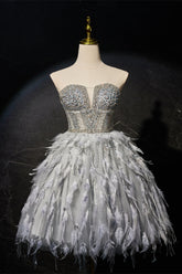 Grey Beaded Strapless Corset Princess Dress with Feathers
