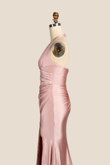 Halter Blush Pink Ruched Long Dress with Slit