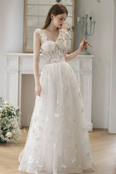 3D Flowers White Corset A-line Long Dress