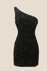 One Shoulder Black Sequin Bodycon Mini Dress