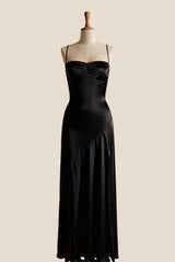 Aqua Satin Straps Slit Long Dress