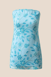 Blue Beaded Strapless Fitted Short Dress