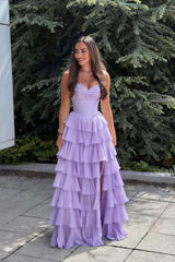 Pink Corset Chiffon Tiered Formal Gown