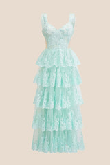Pink Lace Appliques Ruffle A-line Formal Gown