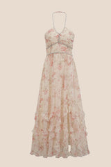 Pearls Halter Purple Floral Chiffon Long Dress