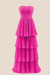 Blue Chiffon Pleated A-line Tiered Maxi Dress
