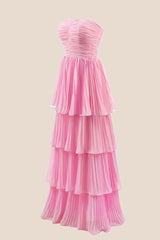 Blue Chiffon Pleated A-line Tiered Maxi Dress