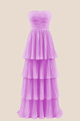 Blue Chiffon Pleated A-line Tiered Maxi Dress
