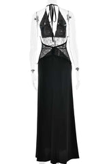 Blue Halter Sheer Plunge Long Maxi Dress