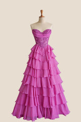 Pink Lace Corset Chiffon Ruffle Long Dress