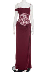 One Shoulder Brown Sheer Lace Ruched Long Dress