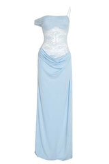 One Shoulder Brown Sheer Lace Ruched Long Dress