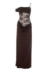 One Shoulder Brown Sheer Lace Ruched Long Dress