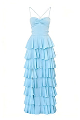 Blue Straps Ruched A-line Ruffle Maxi Dress
