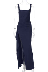 Burgundy Spandex Square Neck Frill Long Dress