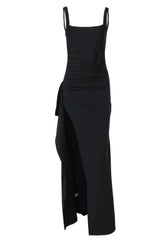 Burgundy Spandex Square Neck Frill Long Dress